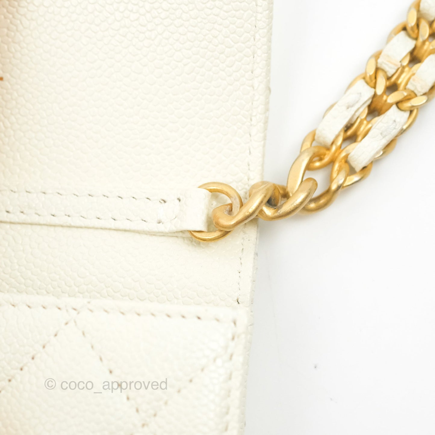 Chanel Mini Clutch With Chain White Caviar Aged Gold Hardware