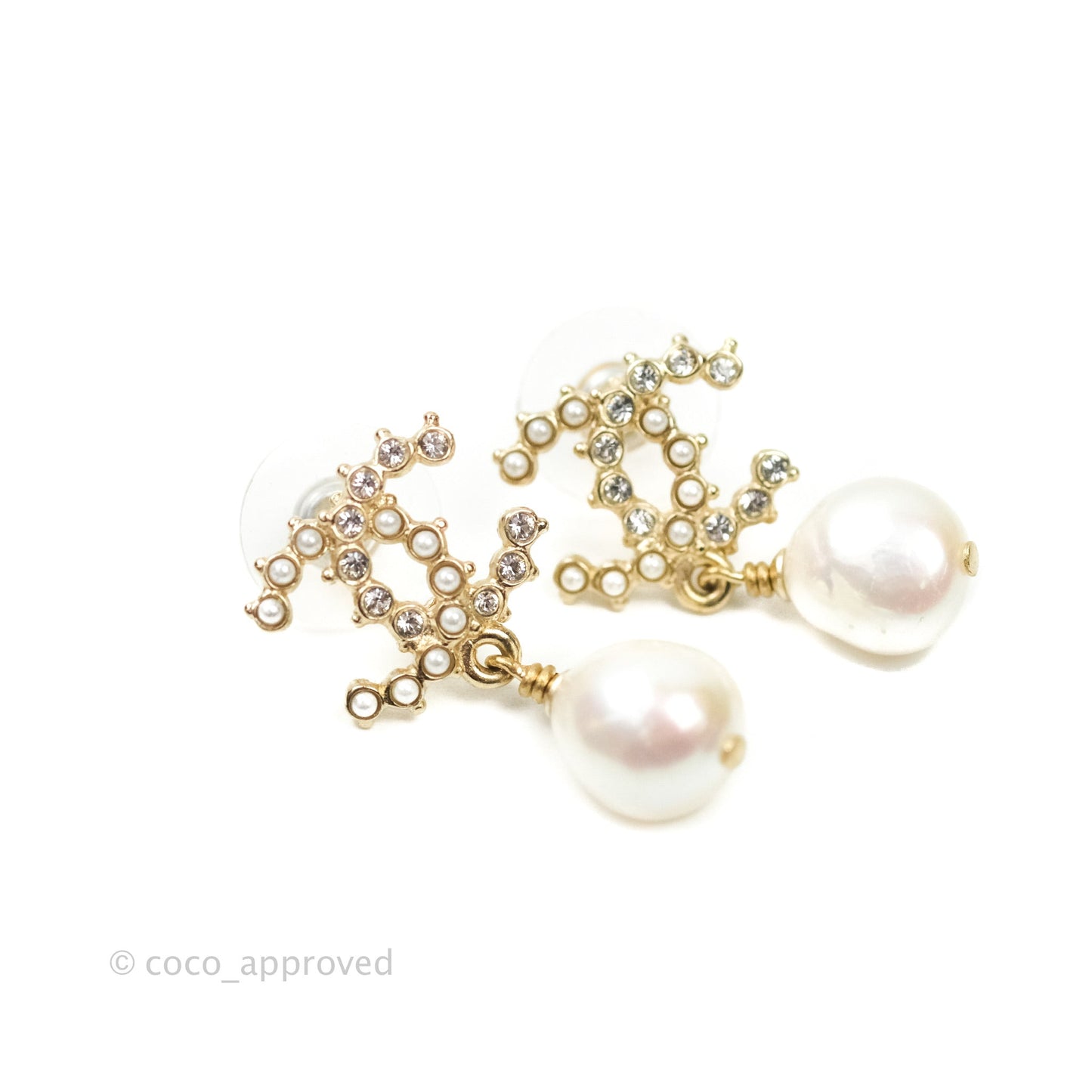 Chanel CC Pearl Drop Earrings Crystal Gold Tone 20B