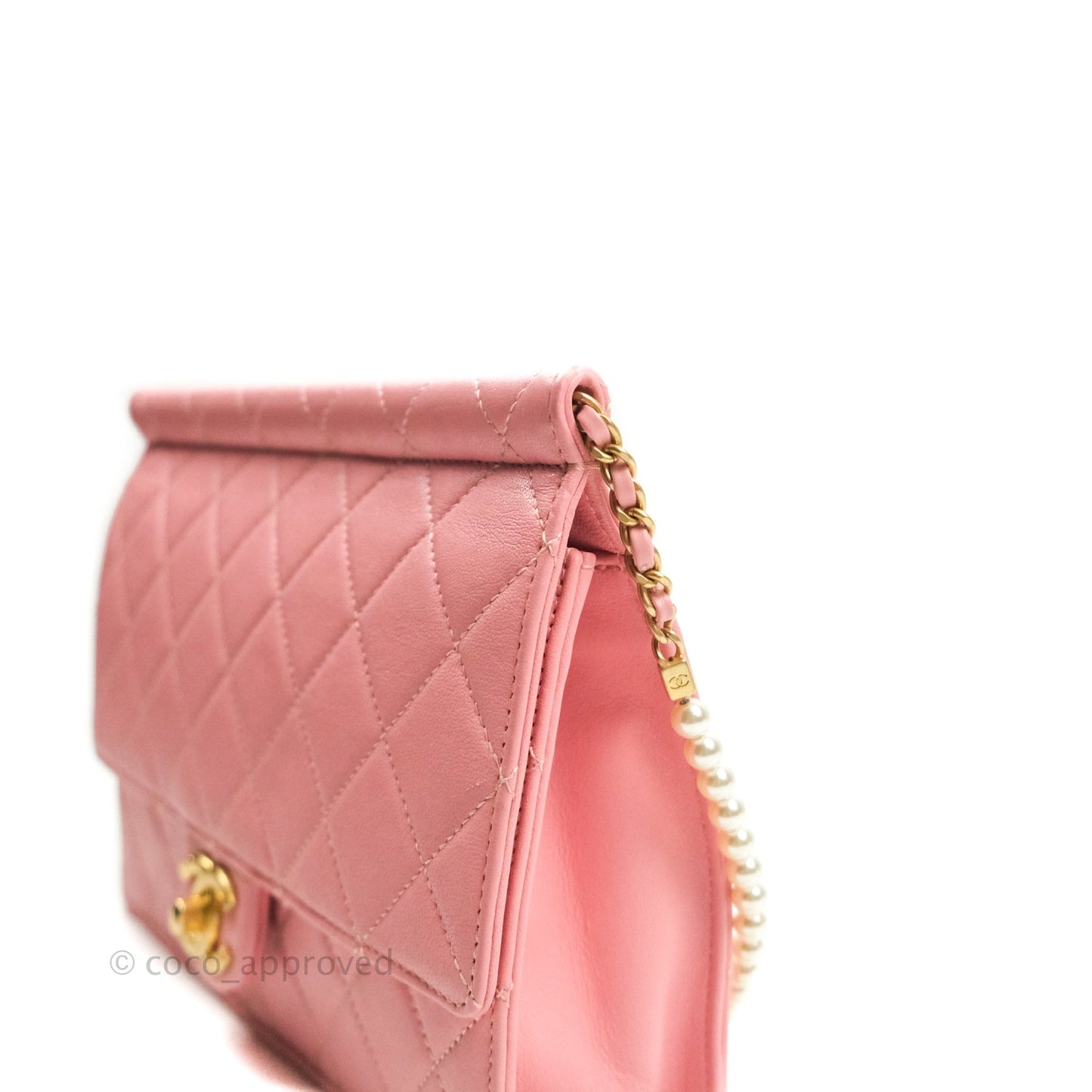 Chanel Large Quilted Lambskin Pearl Chain Flap Bag Pink Aged Gold Hardware