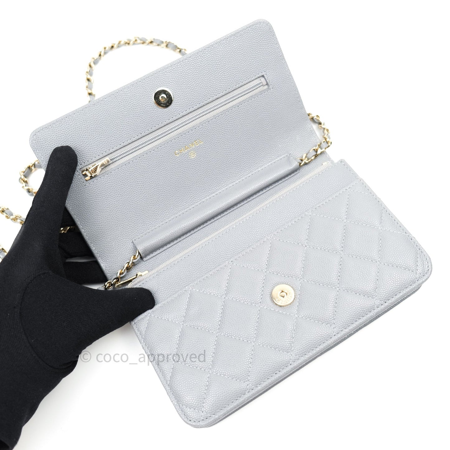 Chanel Caviar Quilted Wallet on Chain WOC Grey Light Gold Hardware 20C