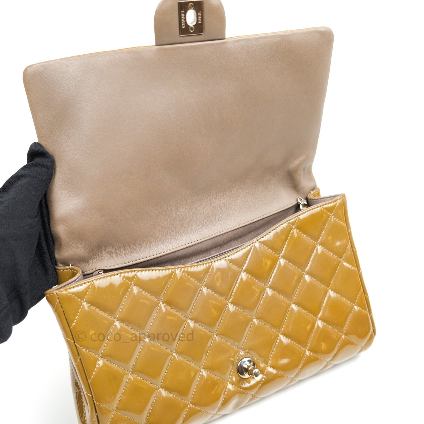 Chanel Quilted Clutch with Chain Khaki Patent Leather Silver Hardware