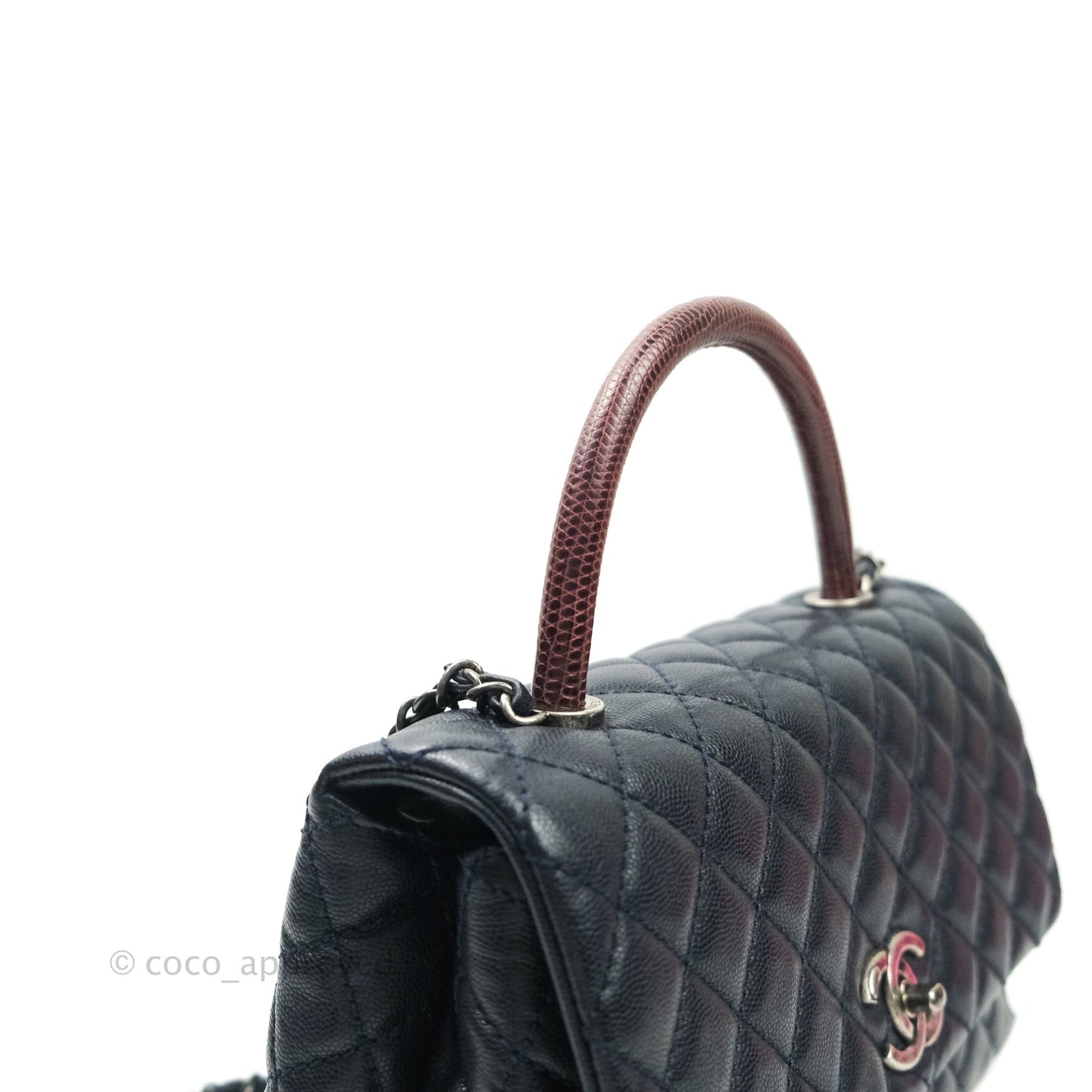 Chanel Small Coco Handle Quilted Navy Caviar Lizard Handle Ruthenium Hardware