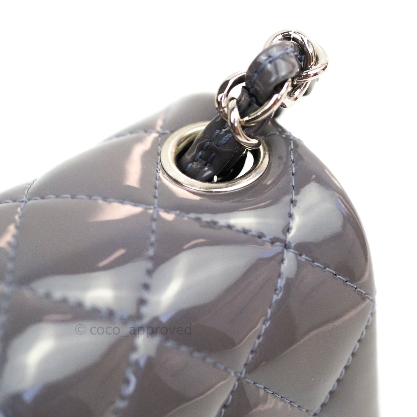 Chanel Mini Square Grey Patent Leather Silver Hardware