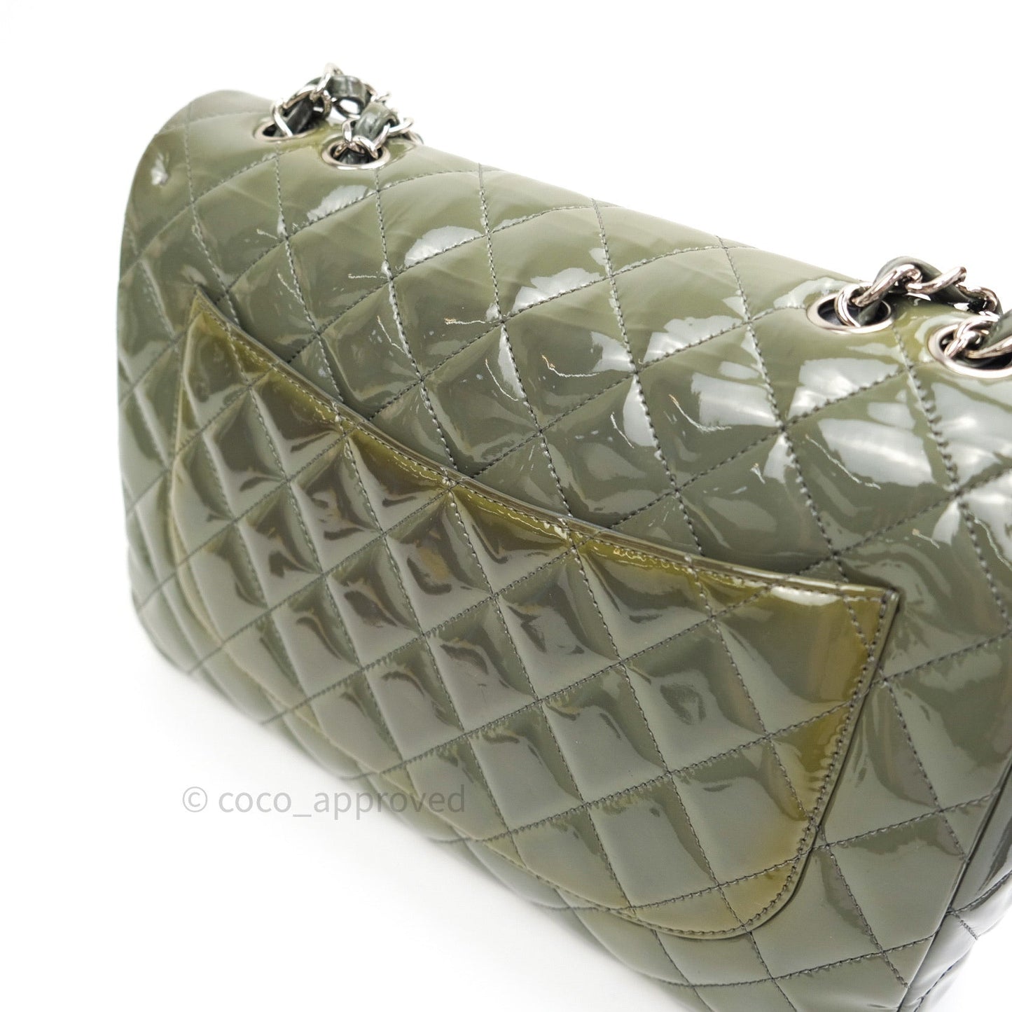 Chanel Jumbo Single Flap Light Green Patent Leather Silver Hardware⁣⁣