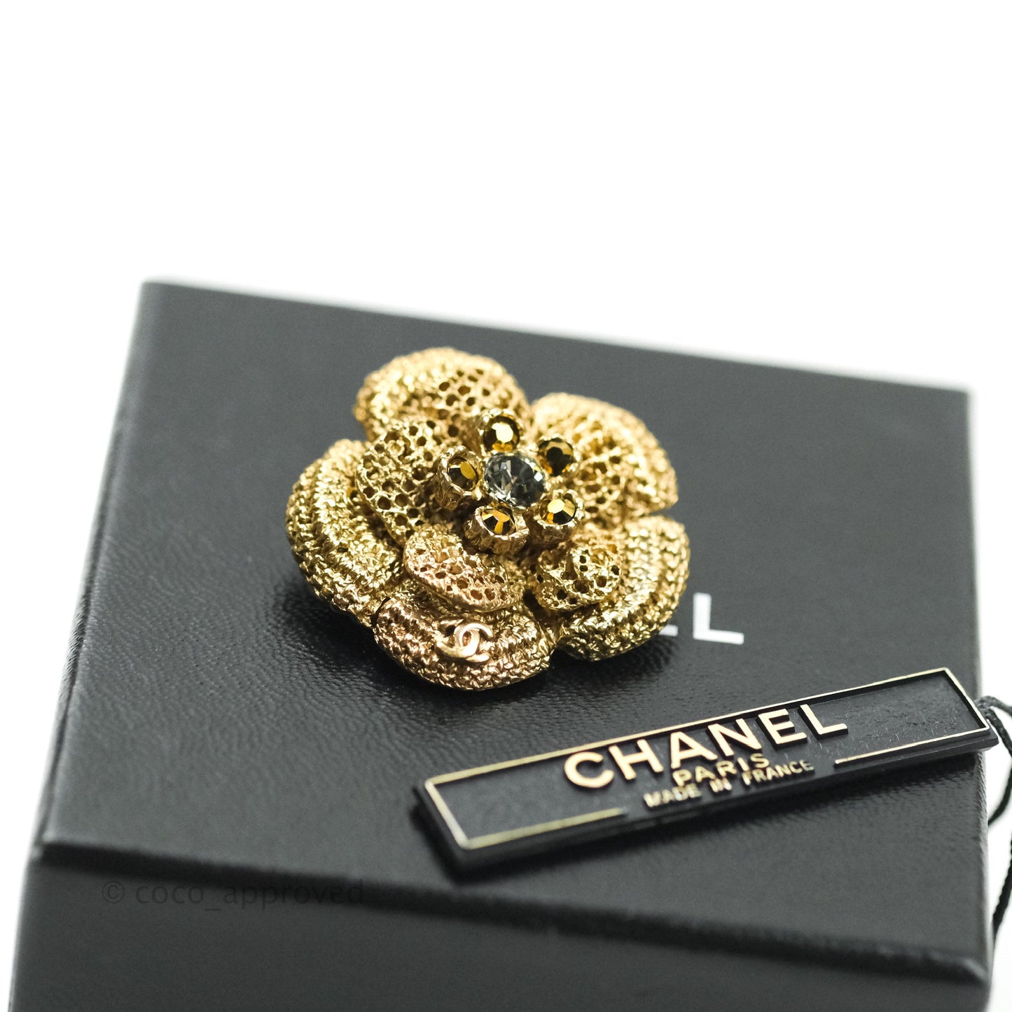 Chanel Camellia CC Rhinestone Pin Brooch Gold Tone