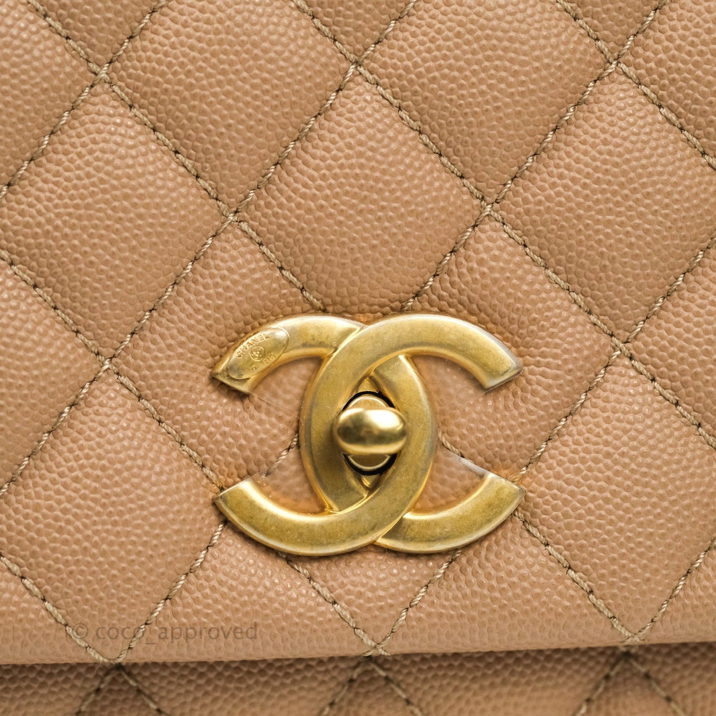Chanel Small Coco Handle Quilted Beige Caviar Aged Gold Hardware