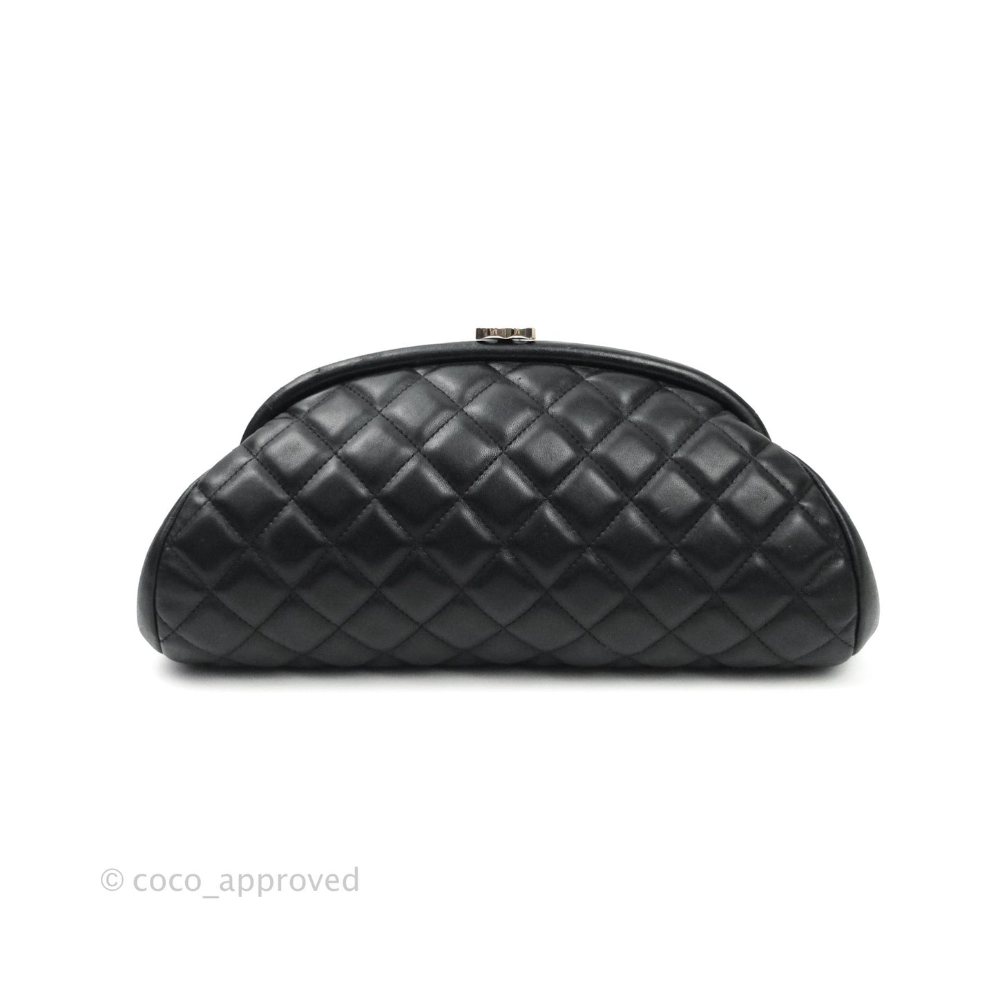 Chanel Quilted Timeless Kisslock Clutch Black Lambskin Silver Hardware