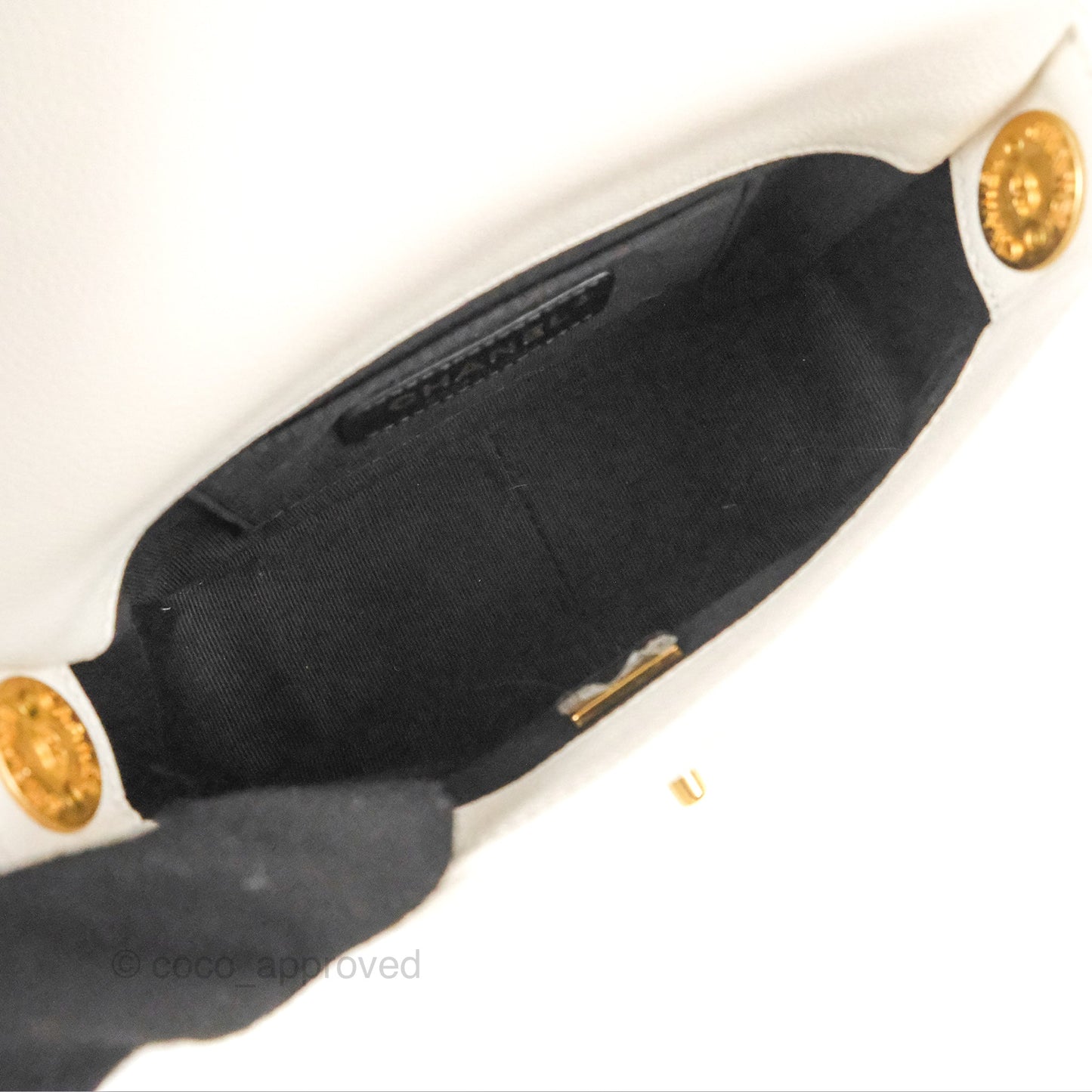 Chanel Mini Flap with Coin Charm White Caviar Aged Gold Hardware 22A
