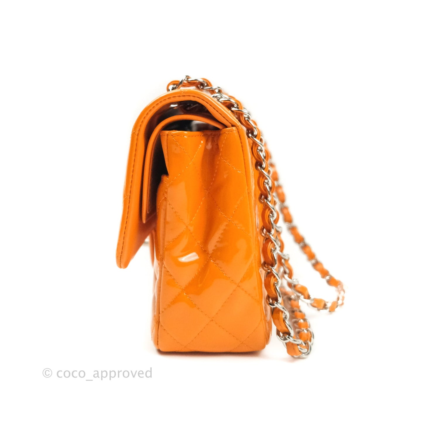Chanel Classic M/L Medium Double Flap Orange Patent Silver Hardware