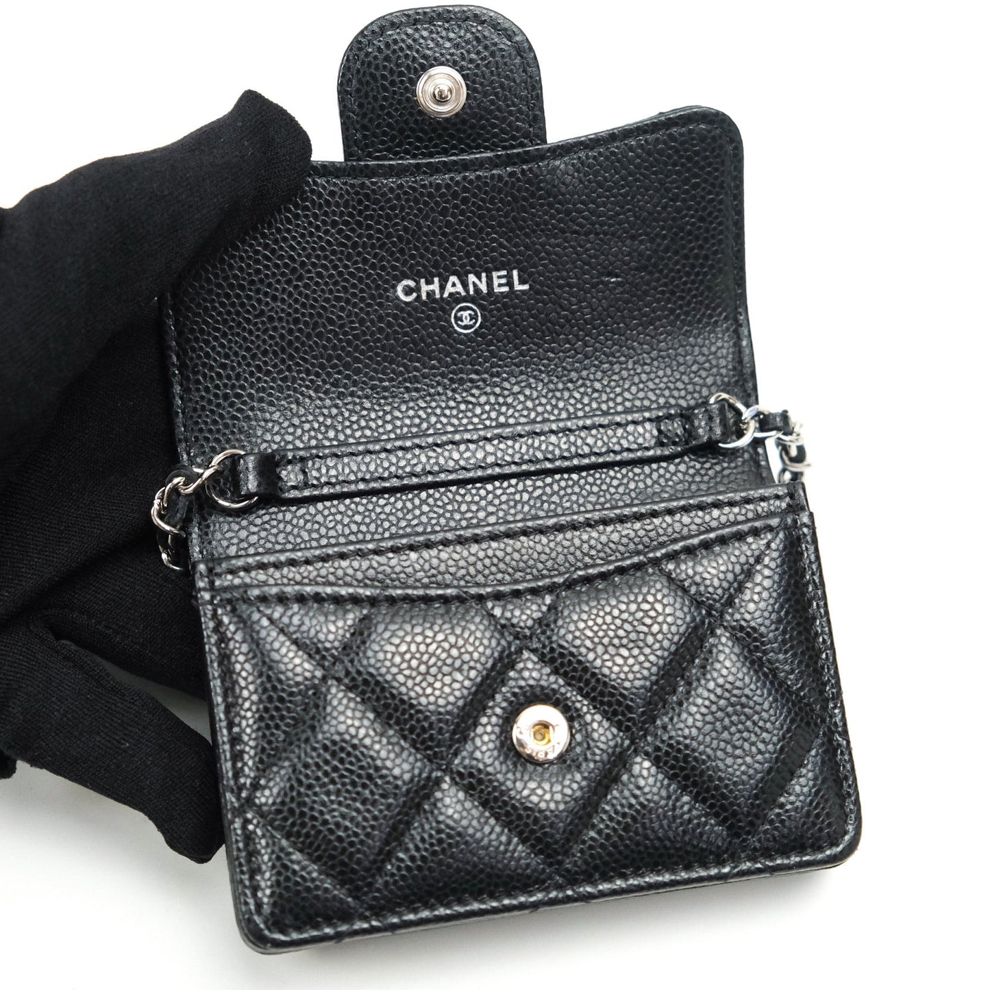 Chanel Mini Wallet With Chain Black Caviar Silver Hardware