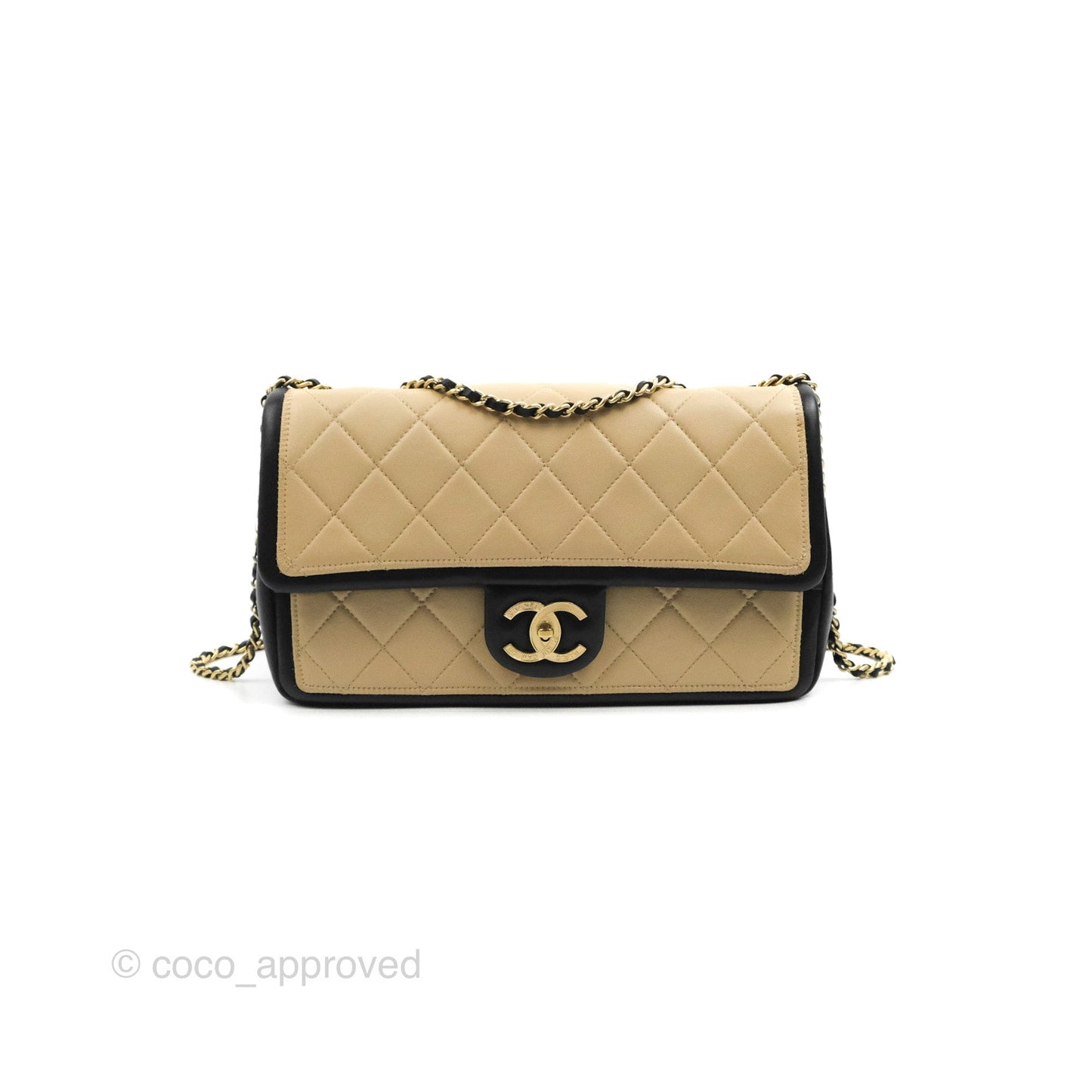 Chanel Quilted Graphic Flap Bag Black/Beige Calfskin Gold Hardware