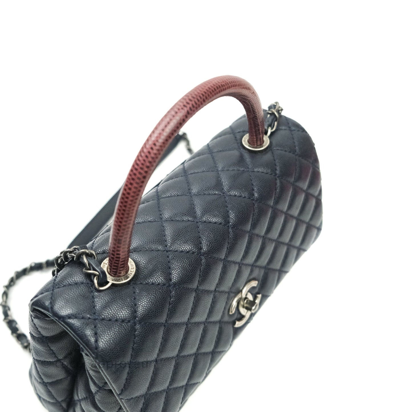 Chanel Small Coco Handle Quilted Navy Caviar Lizard Handle Ruthenium Hardware