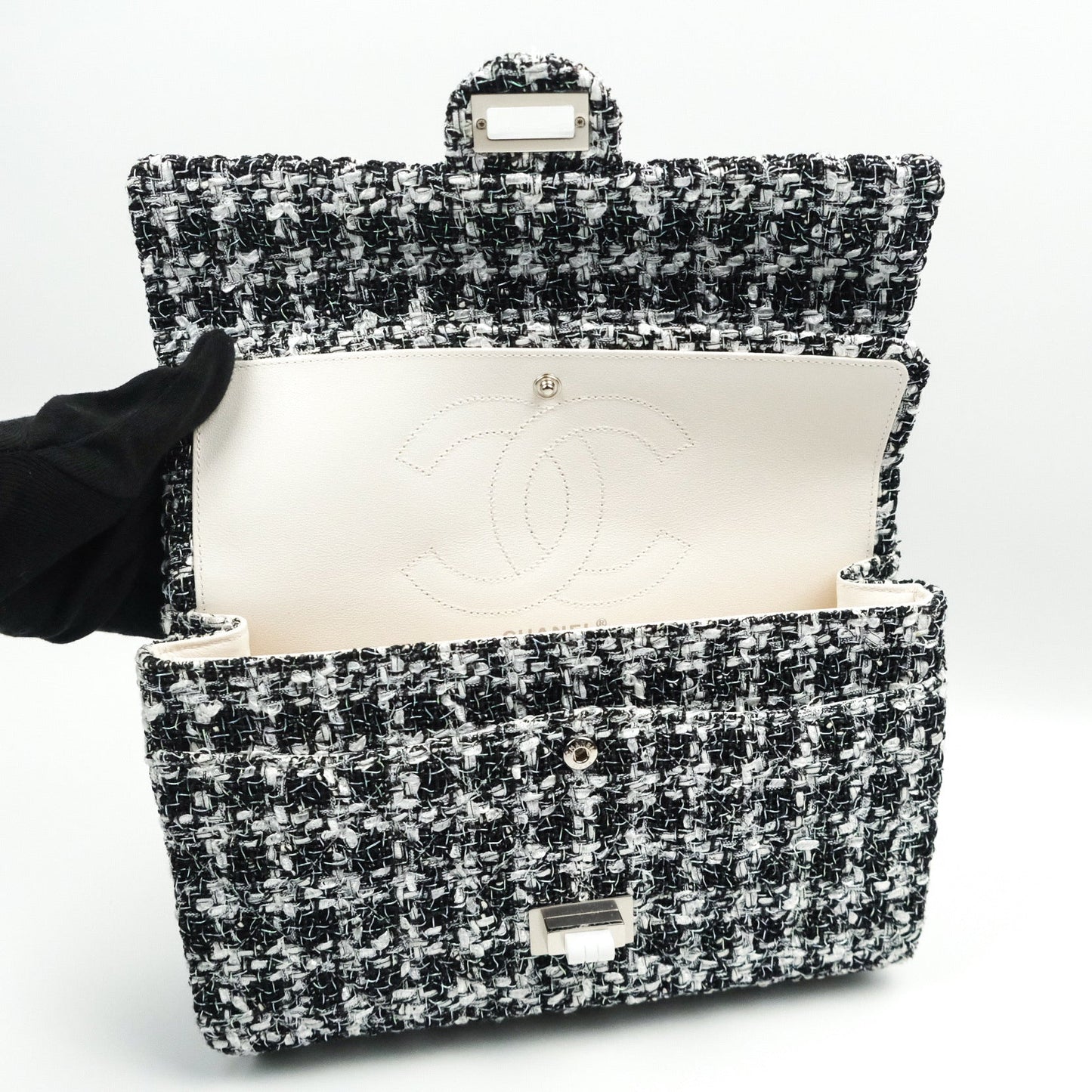 Chanel Reissue Quilted Tweed Black White Enamel Silver Hardware 226