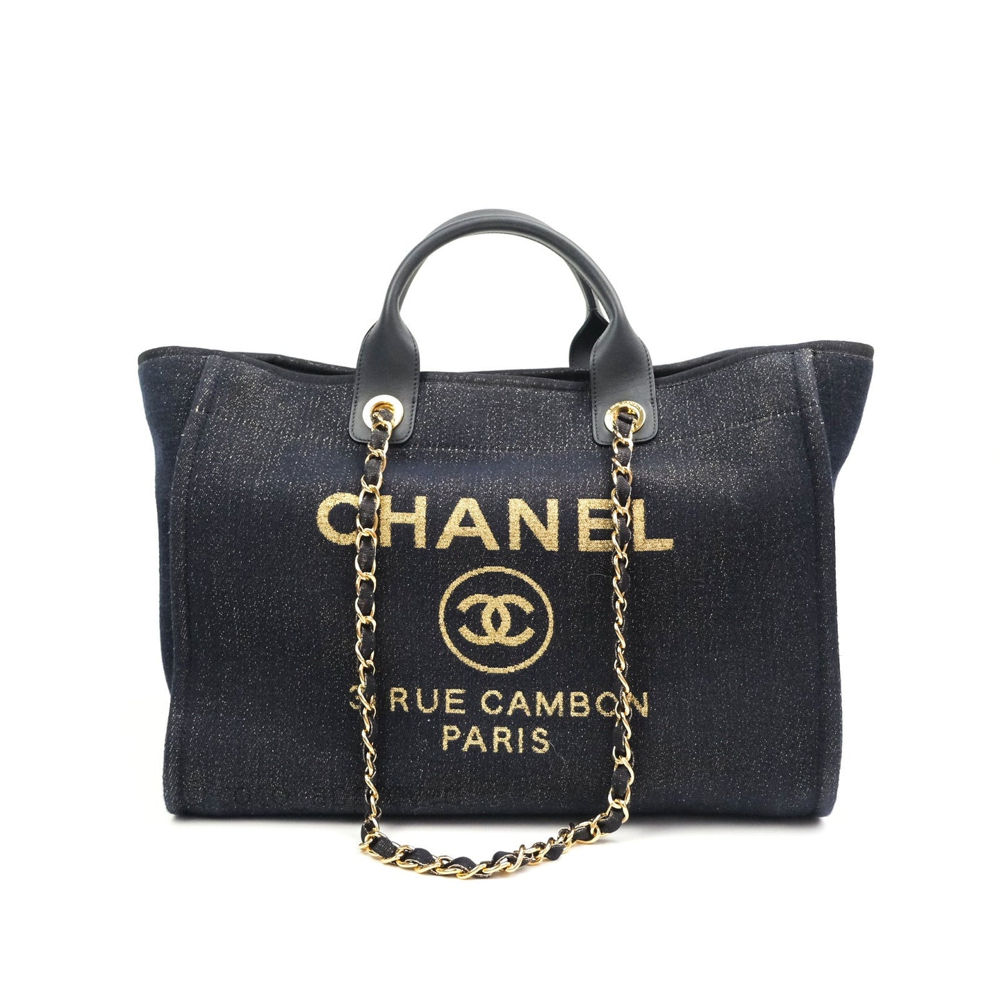 Chanel Canvas Large Deauville Tote Navy Glittery Gold Logo 19B