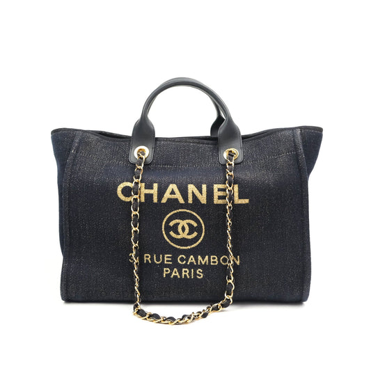 Chanel Canvas Large Deauville Tote Navy Glittery Gold Logo 19B
