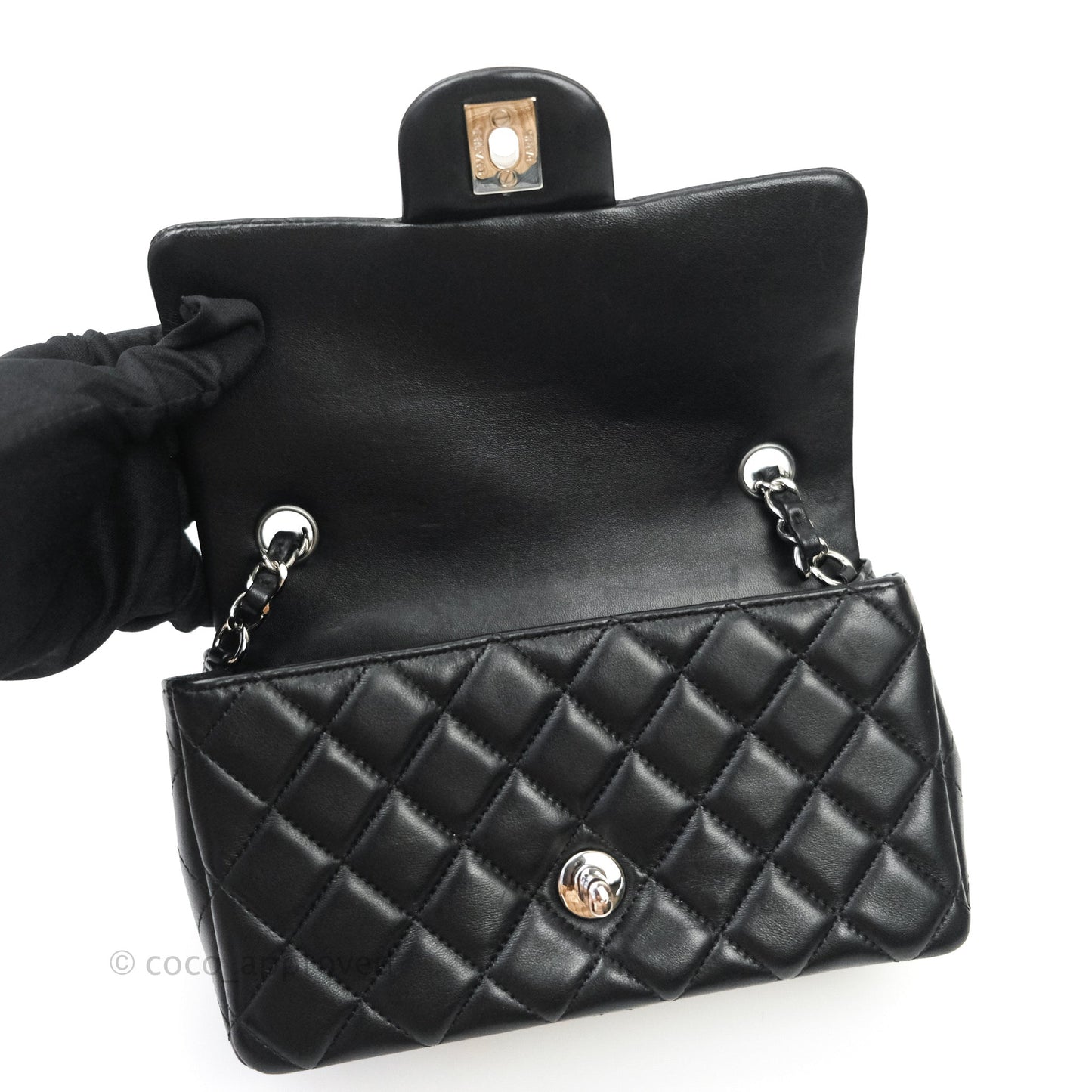Chanel Quilted Mini Rectangular Black Lambskin Silver Hardware
