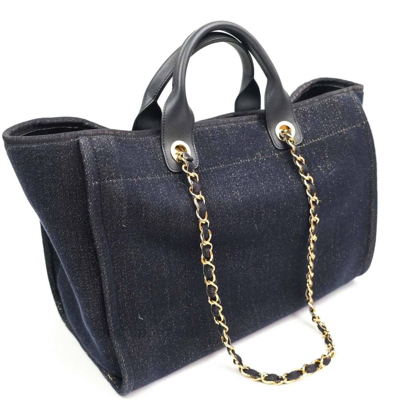 Chanel Canvas Large Deauville Tote Navy Glittery Gold Logo 19B