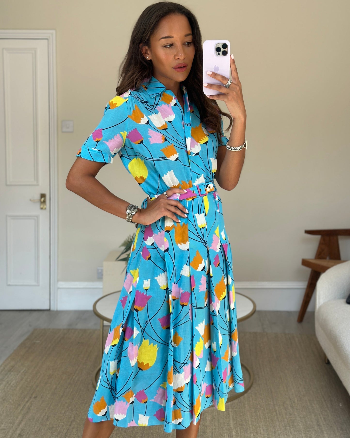 Luxury Gucci Trending 2025 Blue Floral Linen Blend Belted Midi Dress Size IT 40