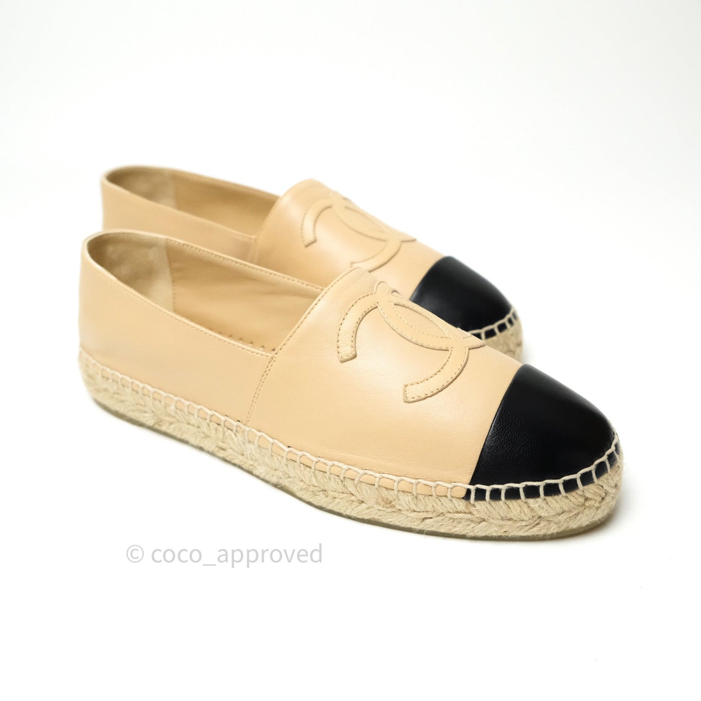 Chanel Espadrille Black Beige Leather Size 39