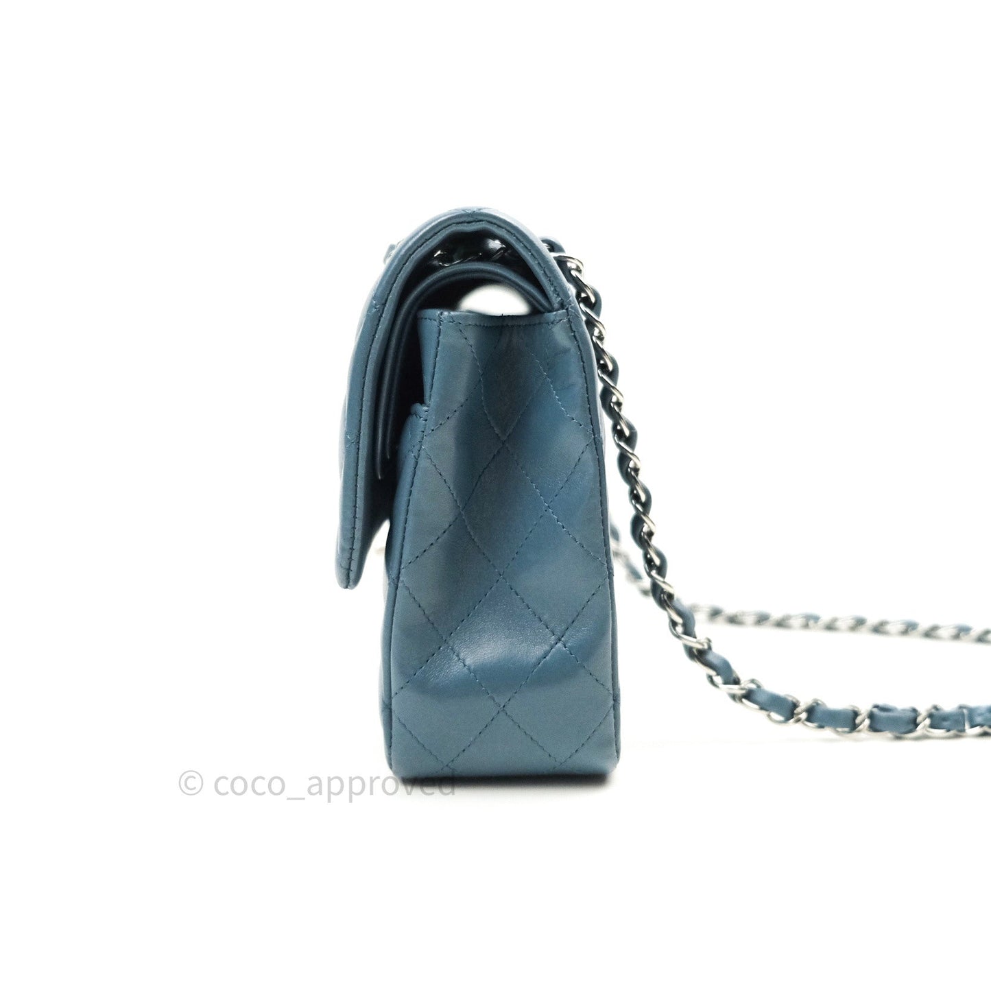 Chanel Classic M/L Lambskin Medium Double Flap Teal Blue Silver Hardware