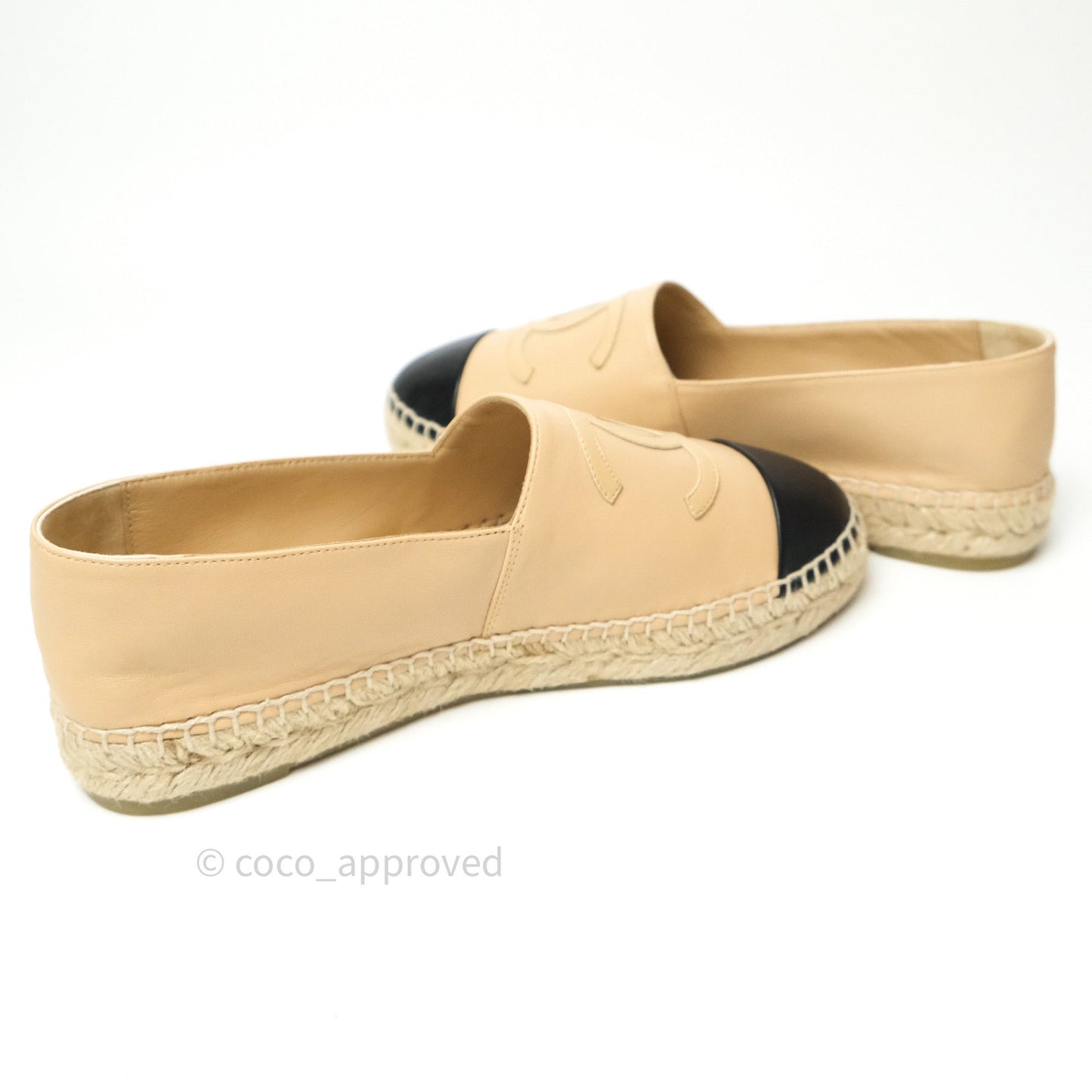 Chanel Espadrille Black Beige Leather Size 39