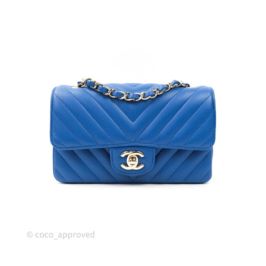 Chanel Chevron Mini Rectangular Lambskin Flap Blue Gold Hardware