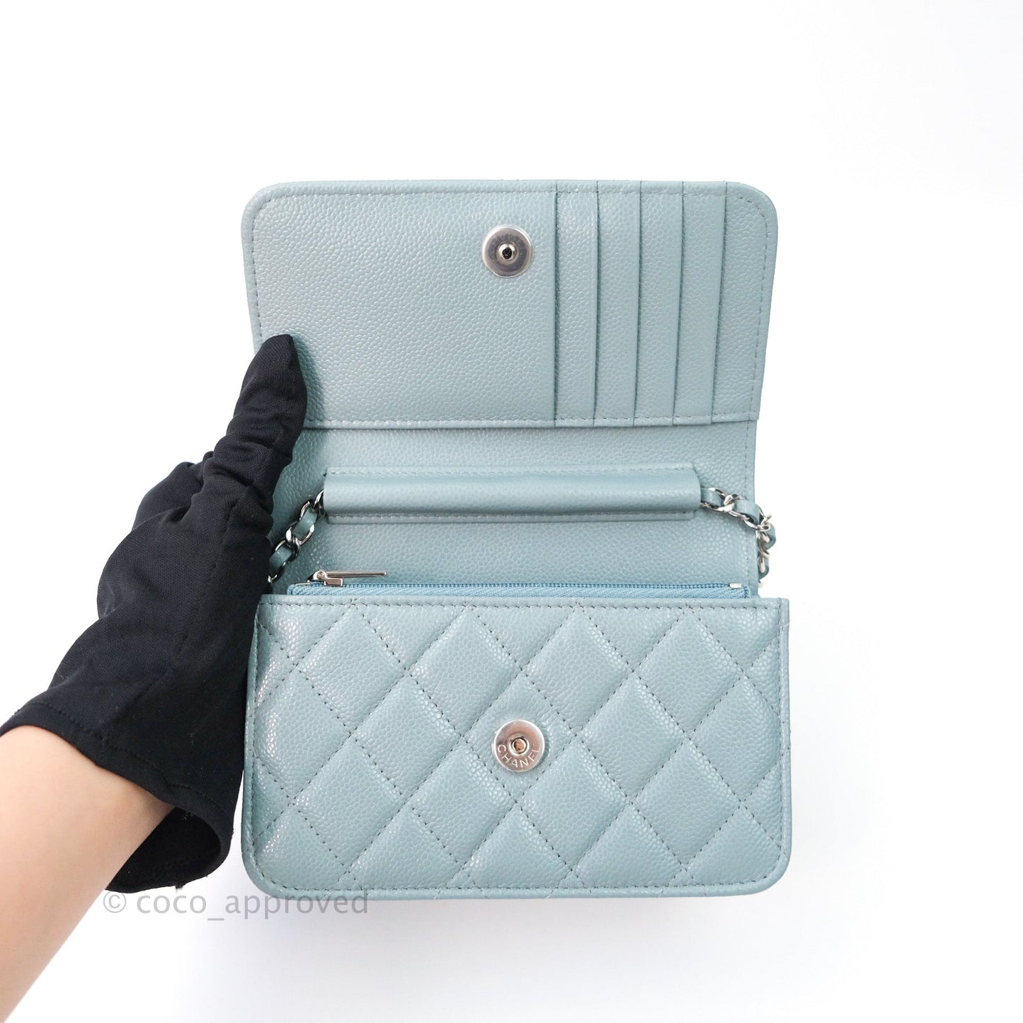 Chanel Quilted Mini Wallet on Chain WOC Blue Grey Caviar Silver Hardware 20B