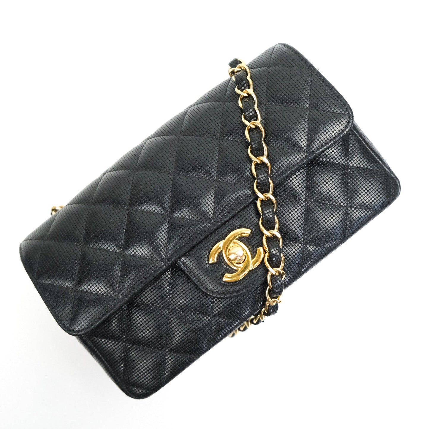 Chanel Metallic Calfskin Quilted Pixel Effect Mini Rectangular Flap Black Gold Hardware