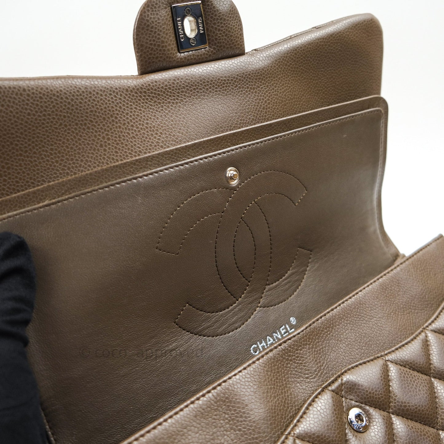 Chanel Classic Double Flap Quilted Jumbo Double Flap Khaki Caviar Silver Hardware
