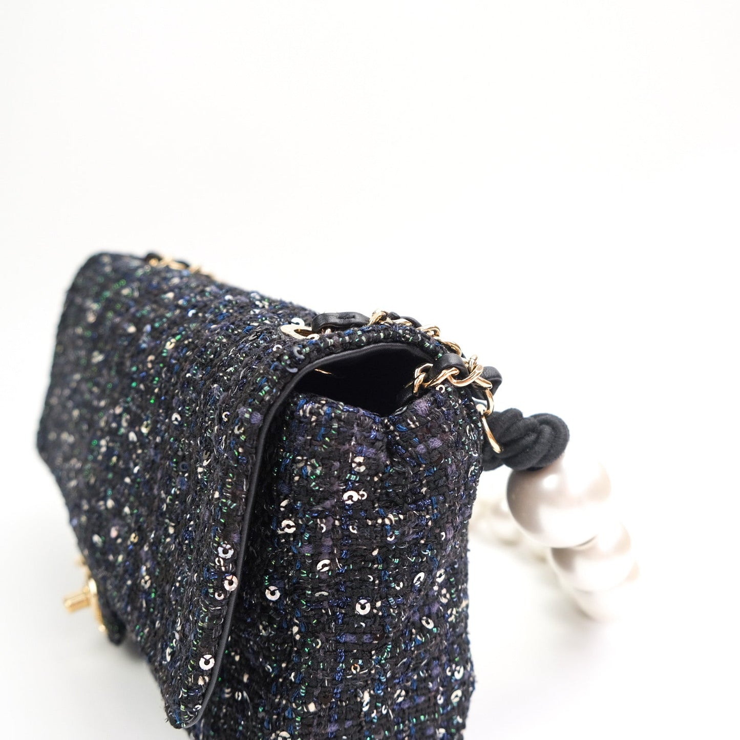 Chanel Tweed Medium Pearl Handle Flap Black Ecru