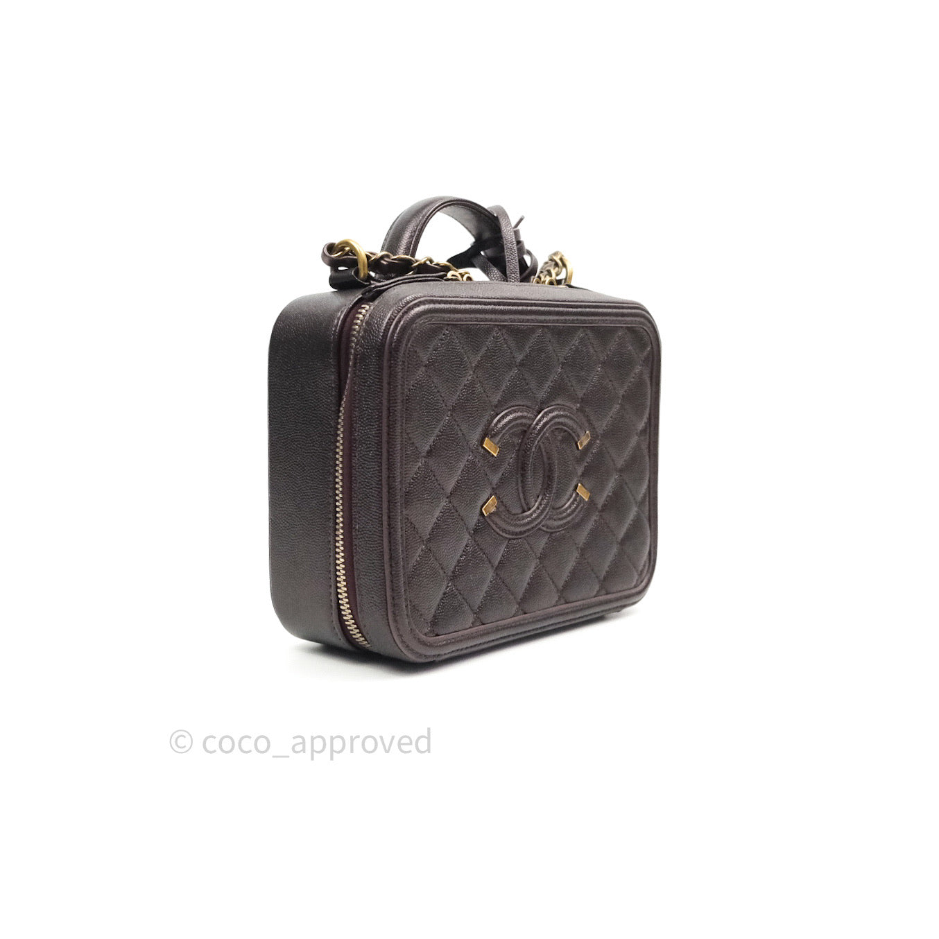 Chanel Quilted Medium CC Filigree Vanity Case Iridescent Burgundy Caviar Gold Hardware