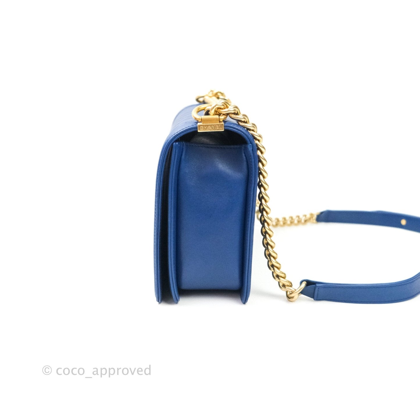 Chanel Boy New Medium Quilted Blue Lambskin Aged Gold Hardware
