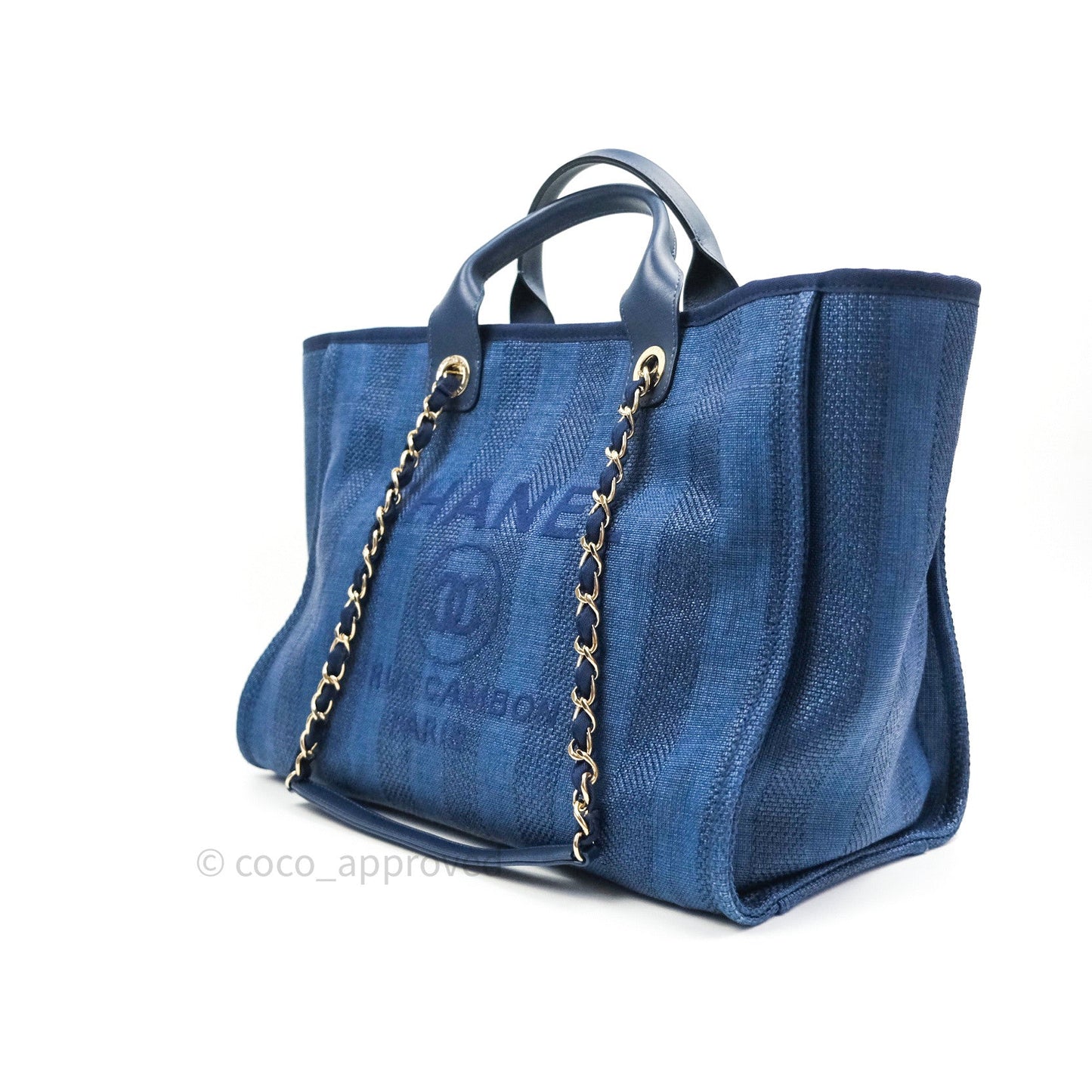 Chanel Canvas Large Deauville Tote Navy Blue Stripe 20S
