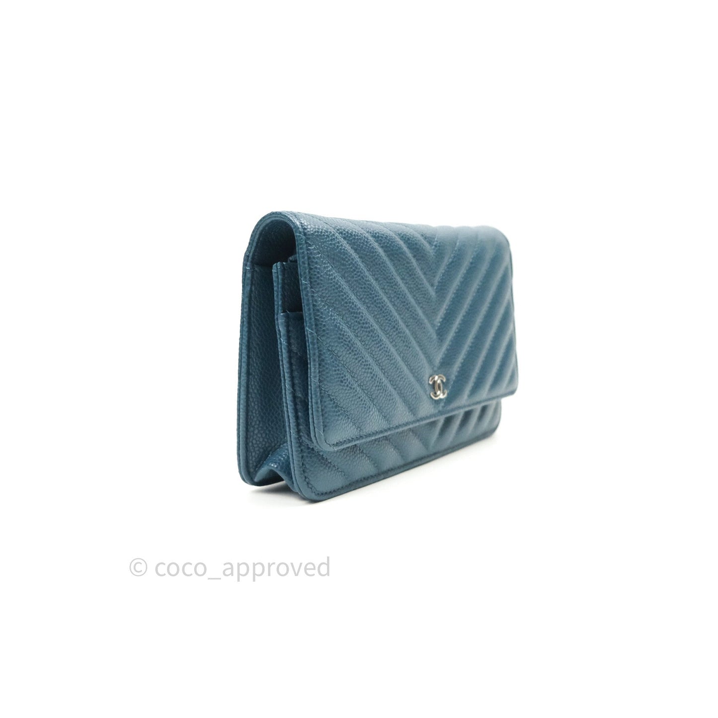 Chanel Chevron Wallet on Chain WOC Blue Caviar Silver Hardware