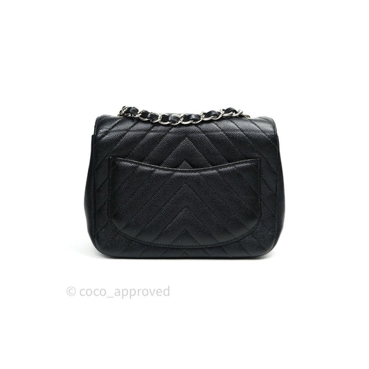 Chanel Mini Square Chevron Black Caviar Silver Hardware