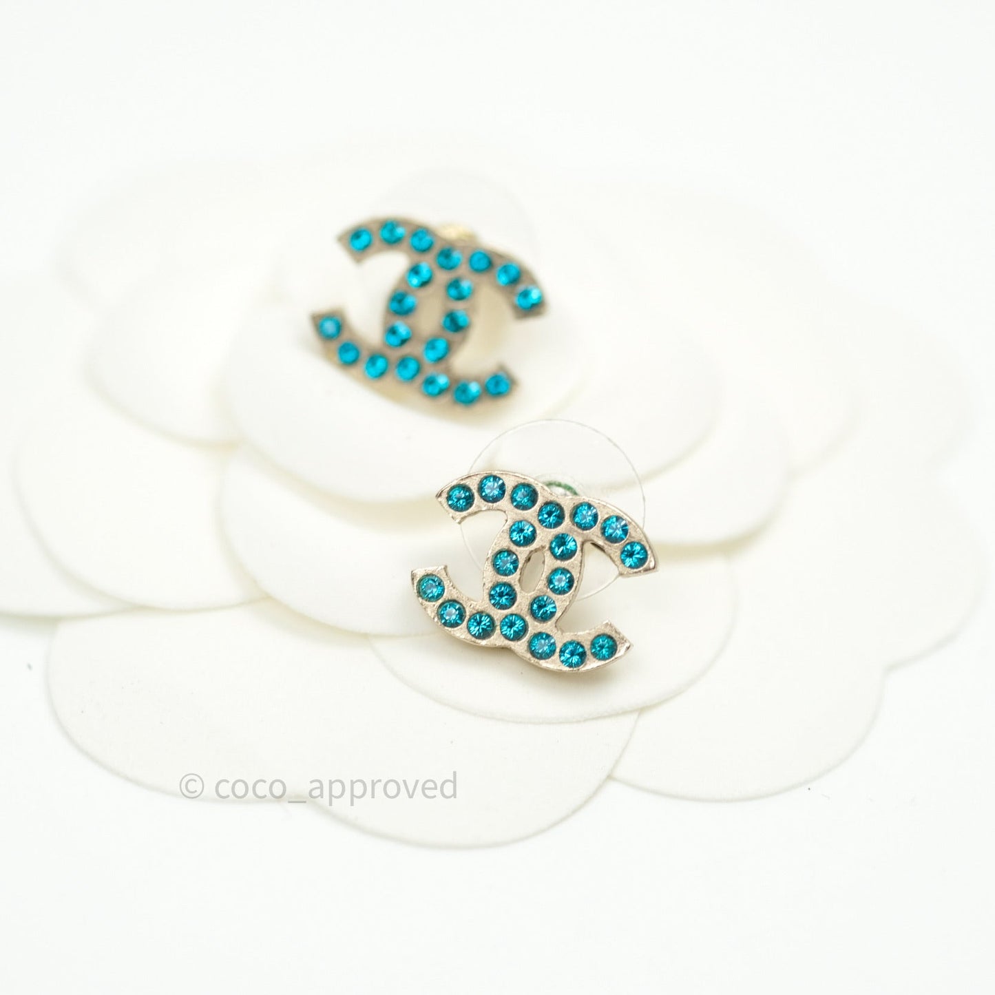Chanel CC Tiffany Blue Crystals Silver Tone Earrings