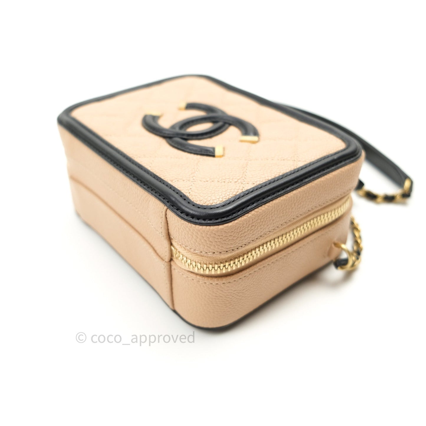 Chanel Quilted Small CC Filigree Vanity Case Beige Black Caviar