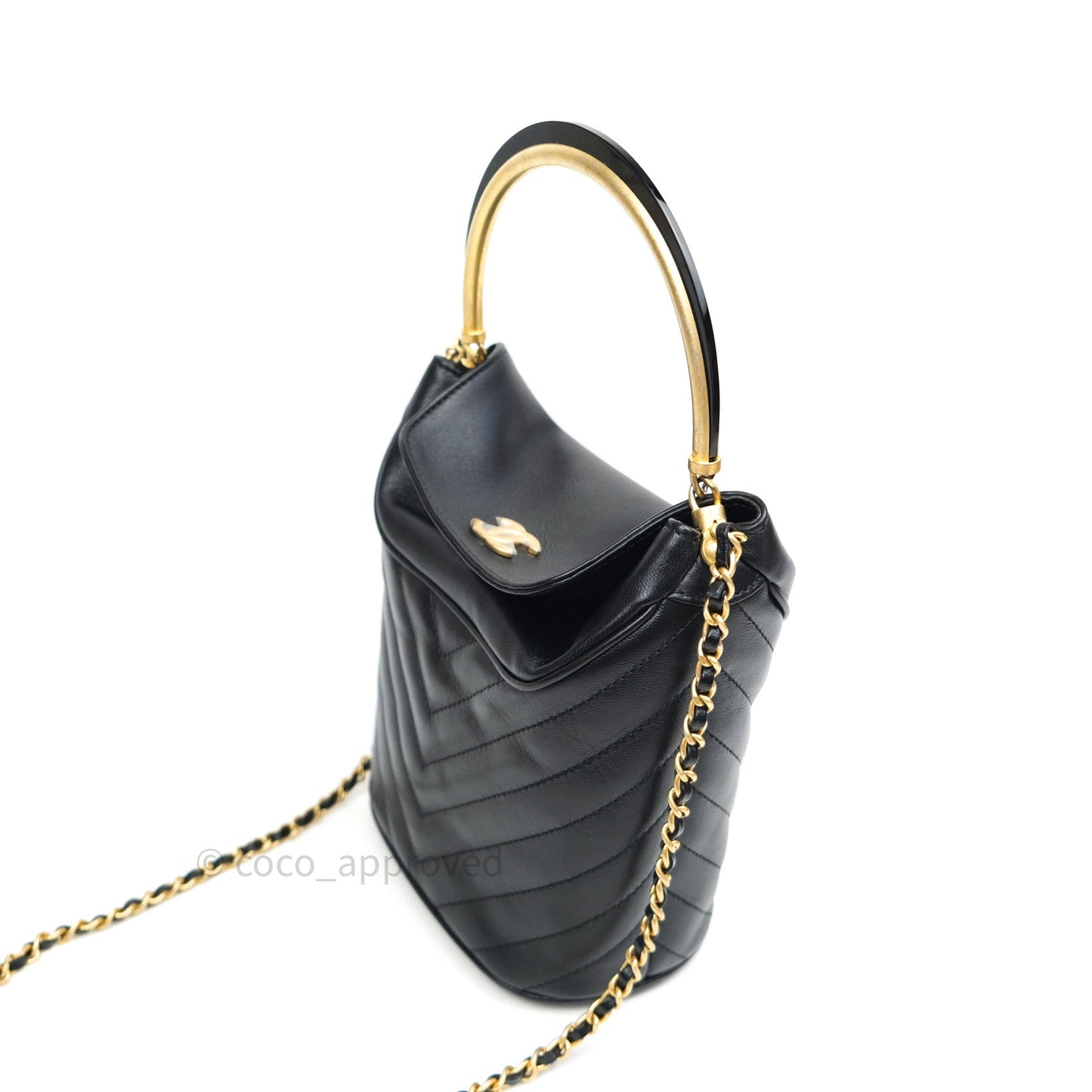Chanel Chic Bucket Bag Black Lambskin Chevron Quilted With Handle