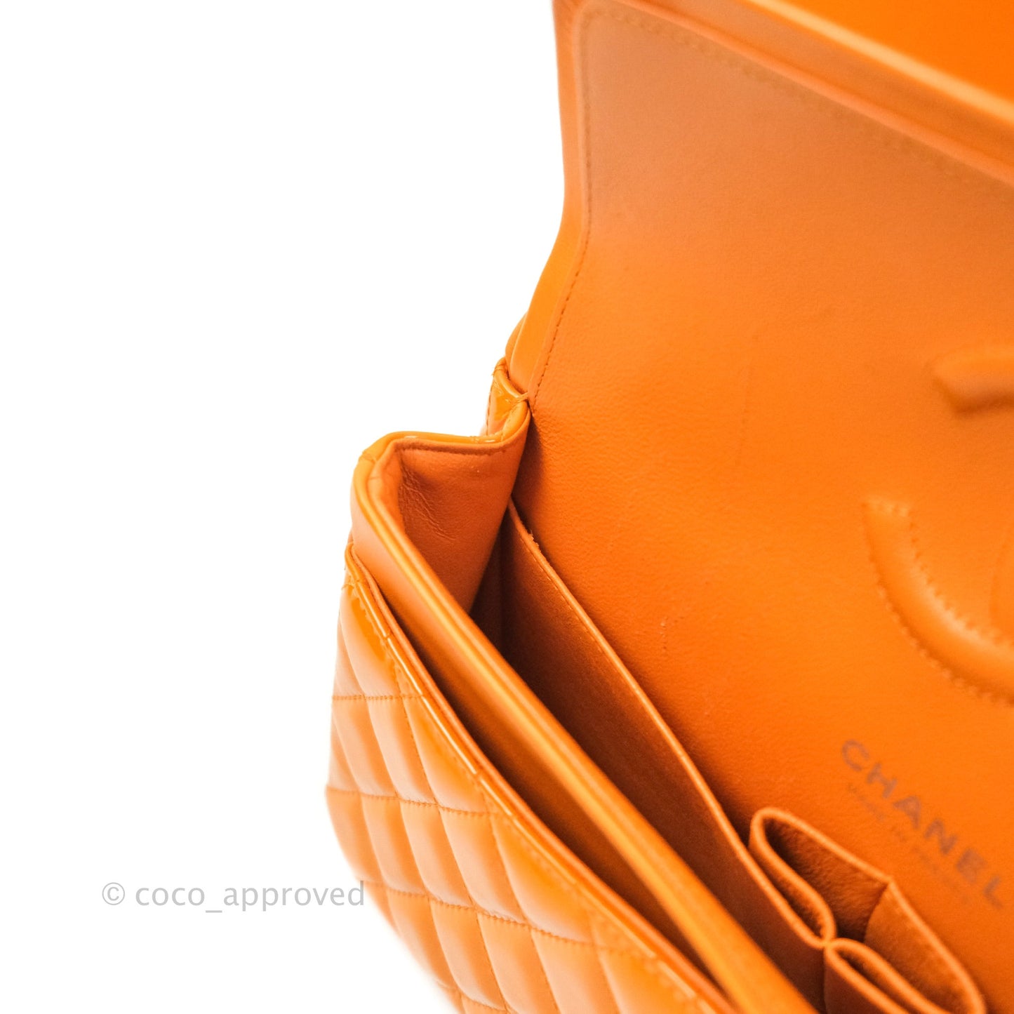 Chanel Classic M/L Medium Double Flap Orange Patent Silver Hardware