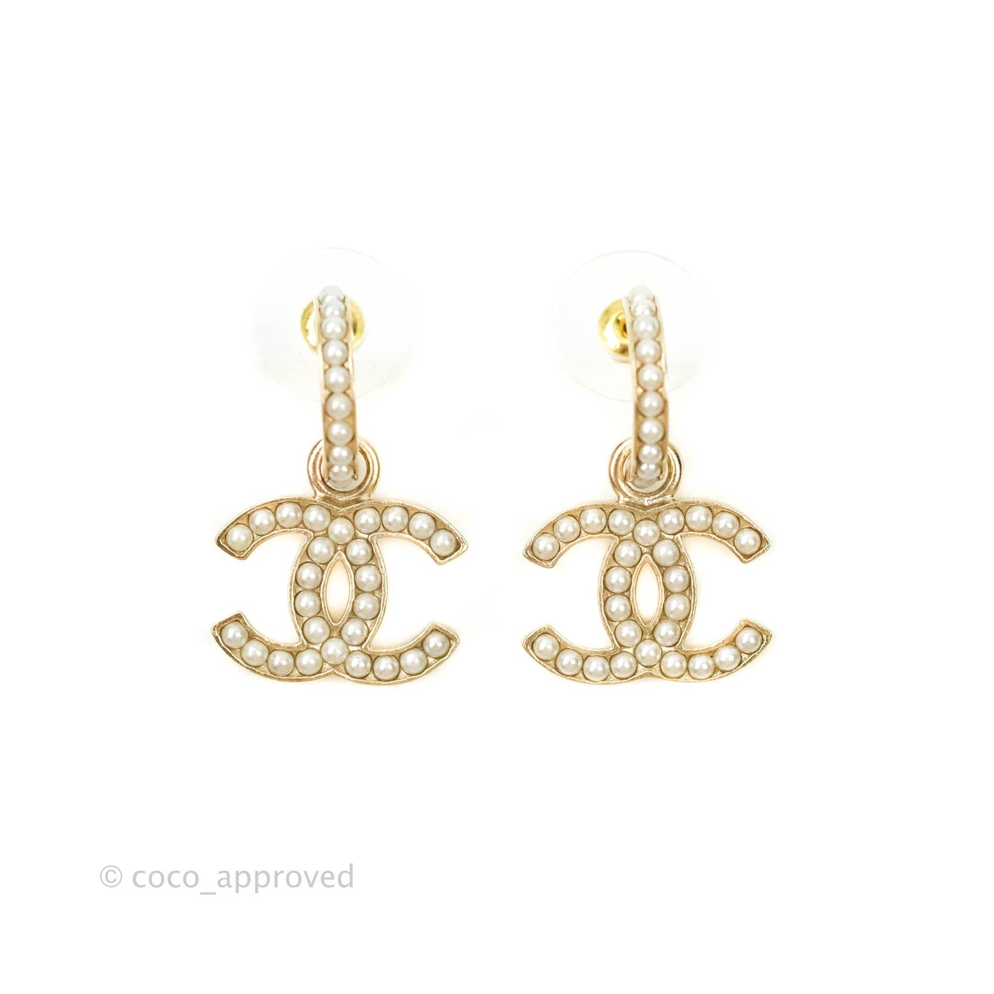 Chanel Earrings Pearl CC Hanging Earrings Gold Tone
