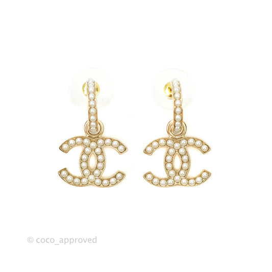 Chanel Earrings Pearl CC Hanging Earrings Gold Tone
