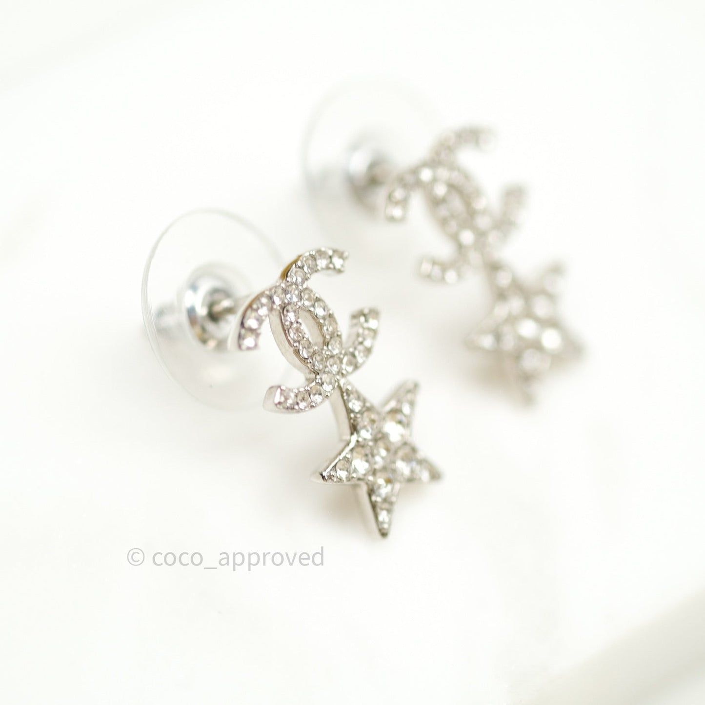 Chanel Crystal CC Star Earrings Silver 20B