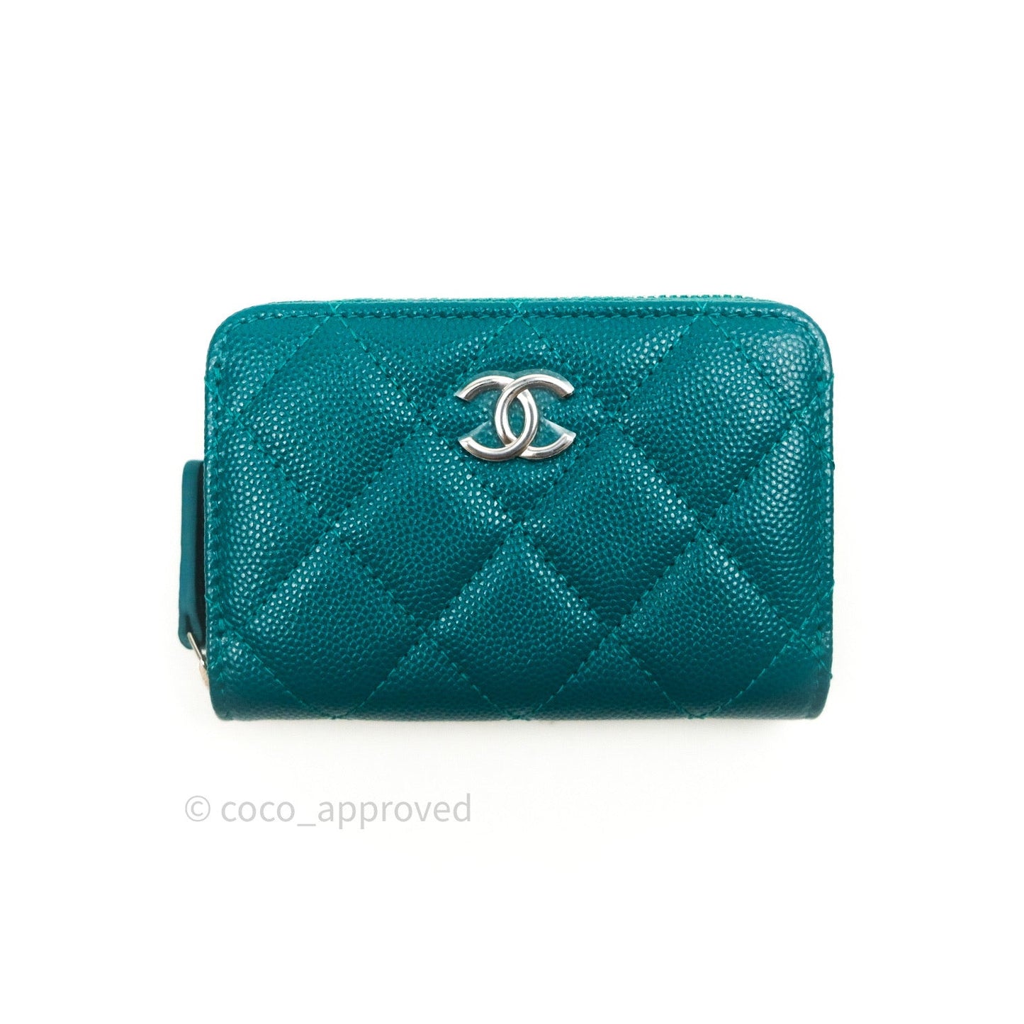 Chanel Quilted Zip Card Holder Green Caviar Silver Hardware