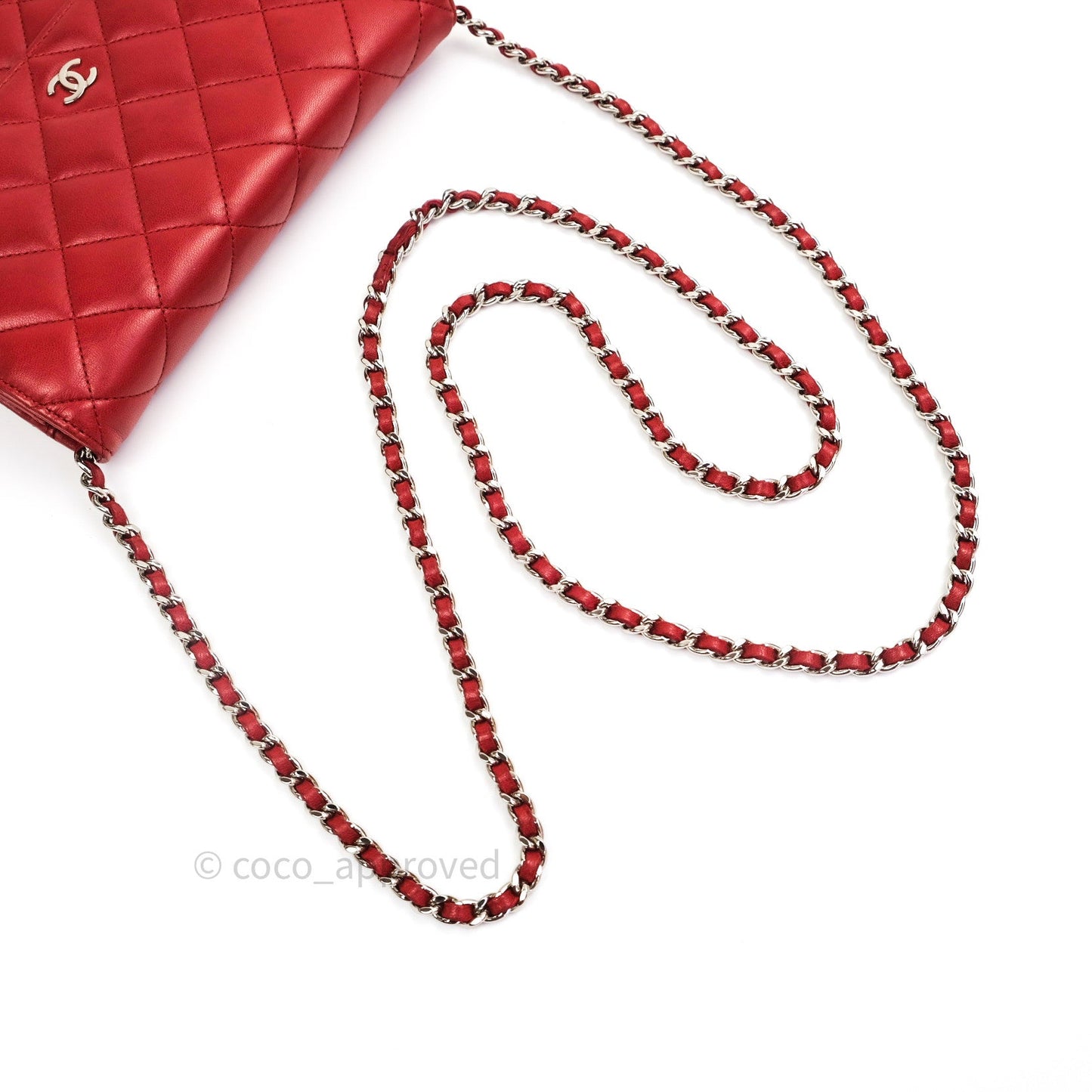 Chanel Quilted Wallet on Chain WOC Red Lambskin Silver Hardware
