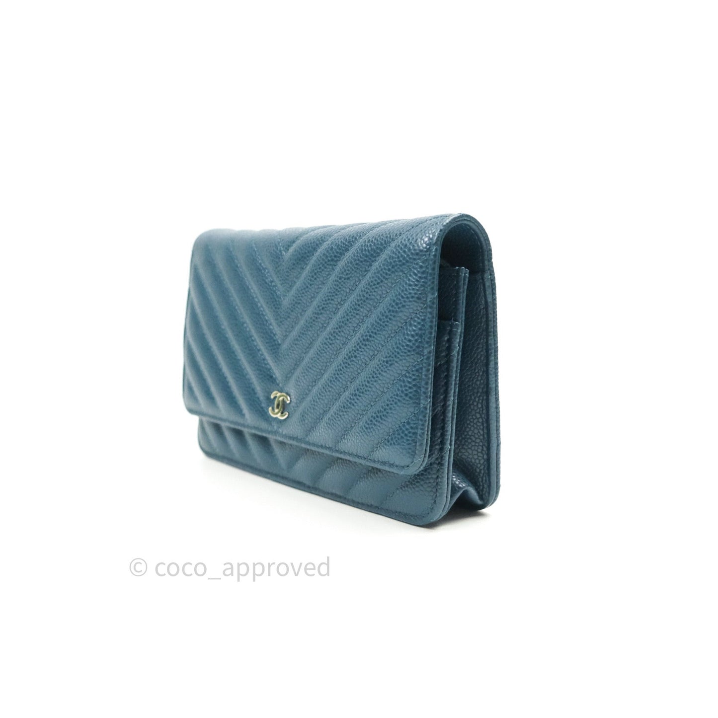 Chanel Chevron Wallet on Chain WOC Blue Caviar Silver Hardware