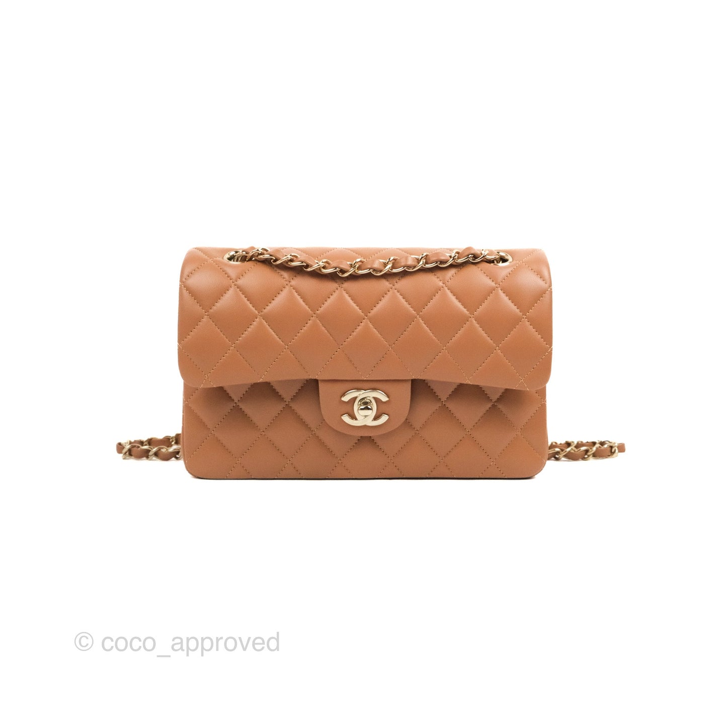 Chanel Small Classic Quilted Flap Dark Beige Caramel Lambskin Gold Hardware