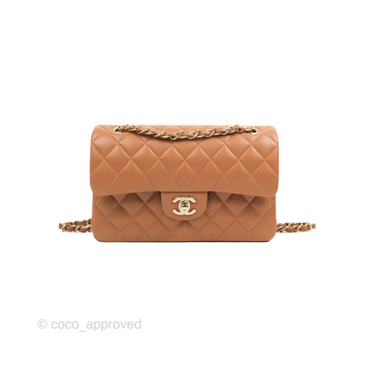 Chanel Small Classic Quilted Flap Dark Beige Caramel Lambskin Gold Hardware