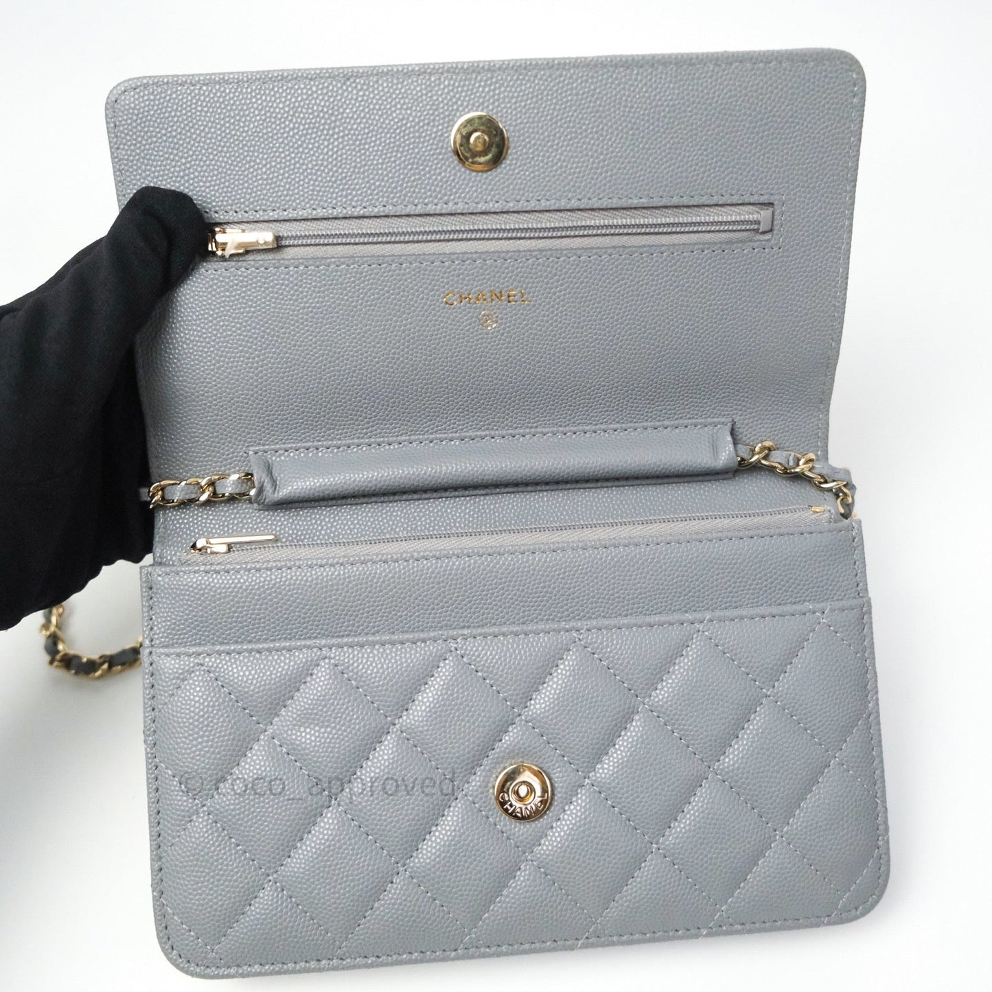 Chanel Caviar Quilted Wallet on Chain WOC Grey Light Gold Hardware 20C