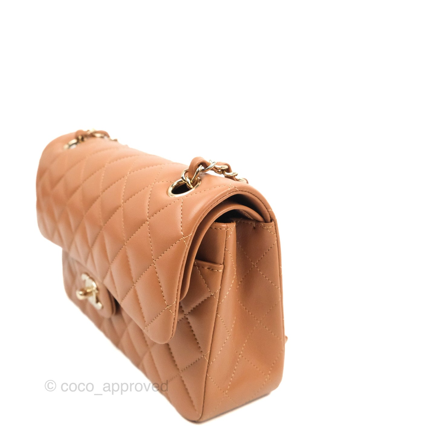 Chanel Small Classic Quilted Flap Dark Beige Caramel Lambskin Gold Hardware