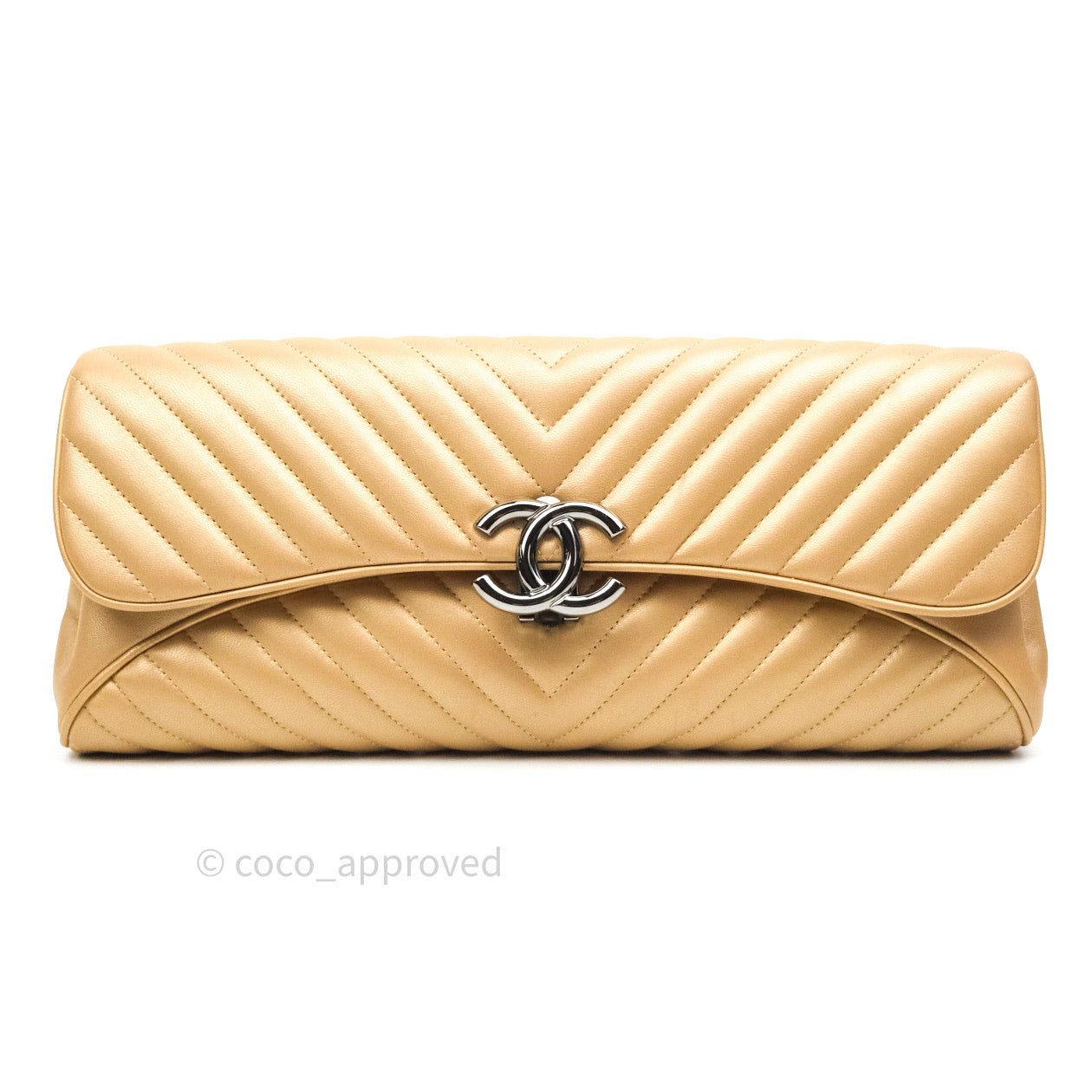 Chanel Clutch Gold Calfskin Chevron Silver Hardware
